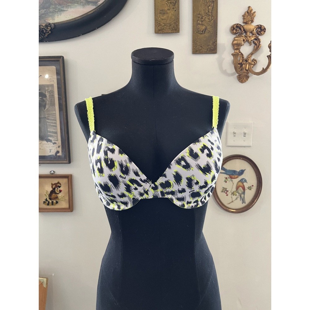 PINK Victorias Secret Wear Everywhere Demi Bra Neon Yellow Animal Print Size 34D